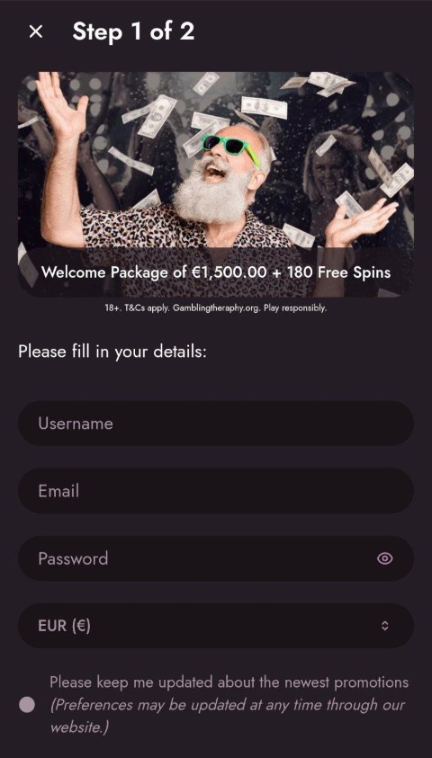 Create MrFortune app account with quick registration form