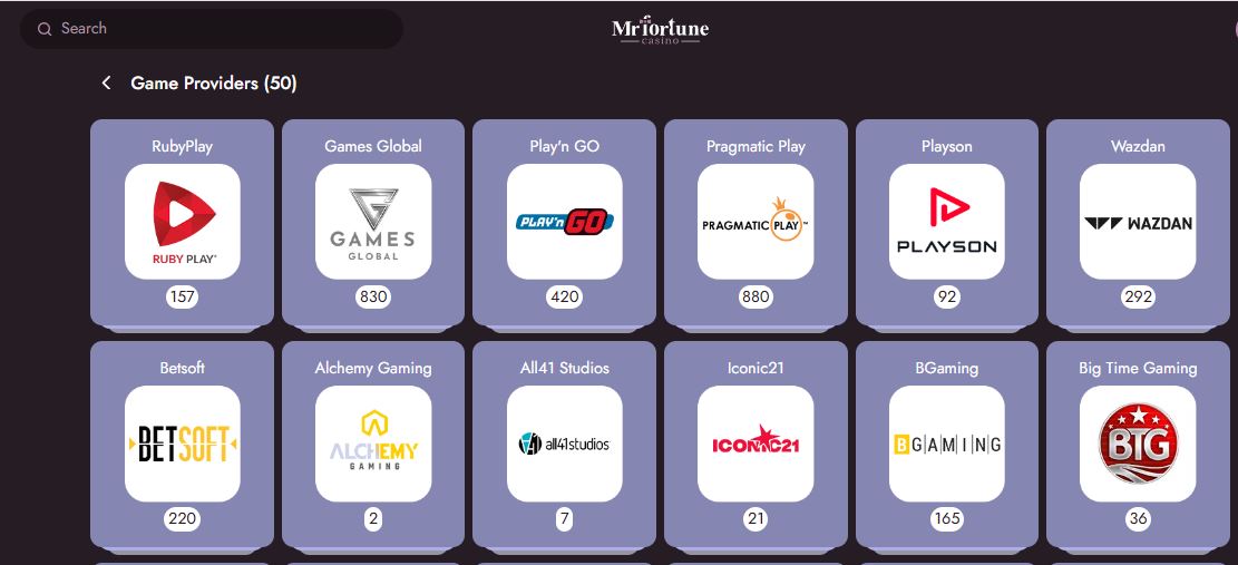 Explore complete provider collection Mr Fortune casino