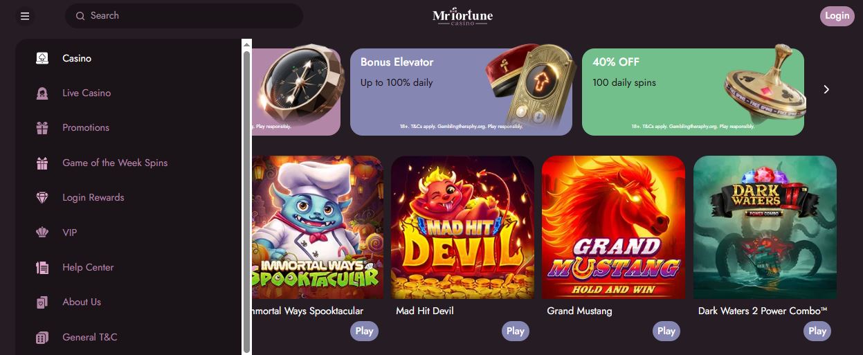 Desktop homepage featuring promotions and sidebar menu